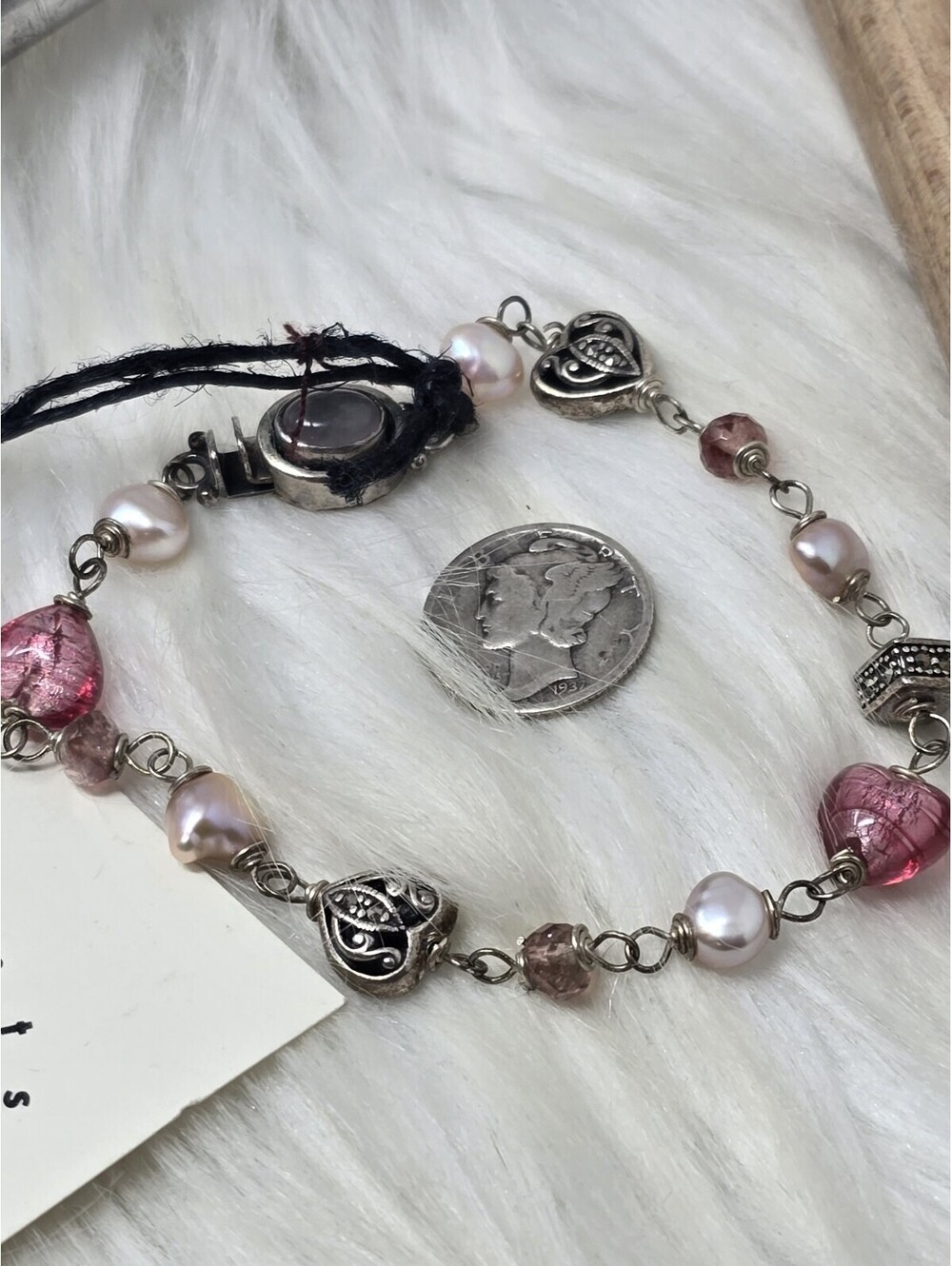 Susan Schaps Adornments Sterling Pearl Glass Bracelet 8"